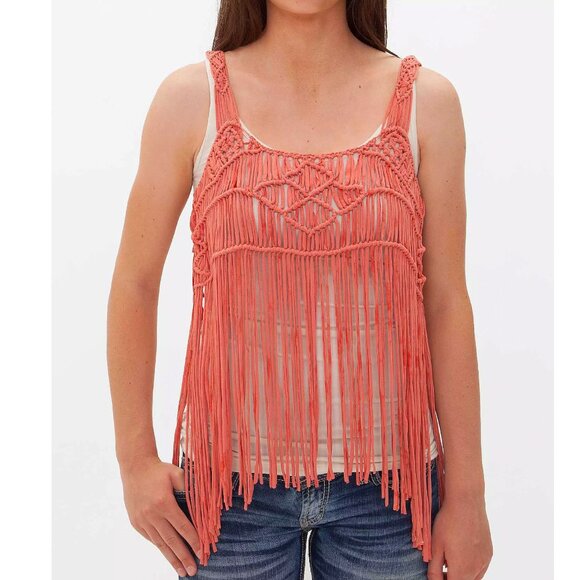 Miss Me Tops - MISS ME Coral Macrame Crochet Fringe Boho Festival Tank Top Size Small